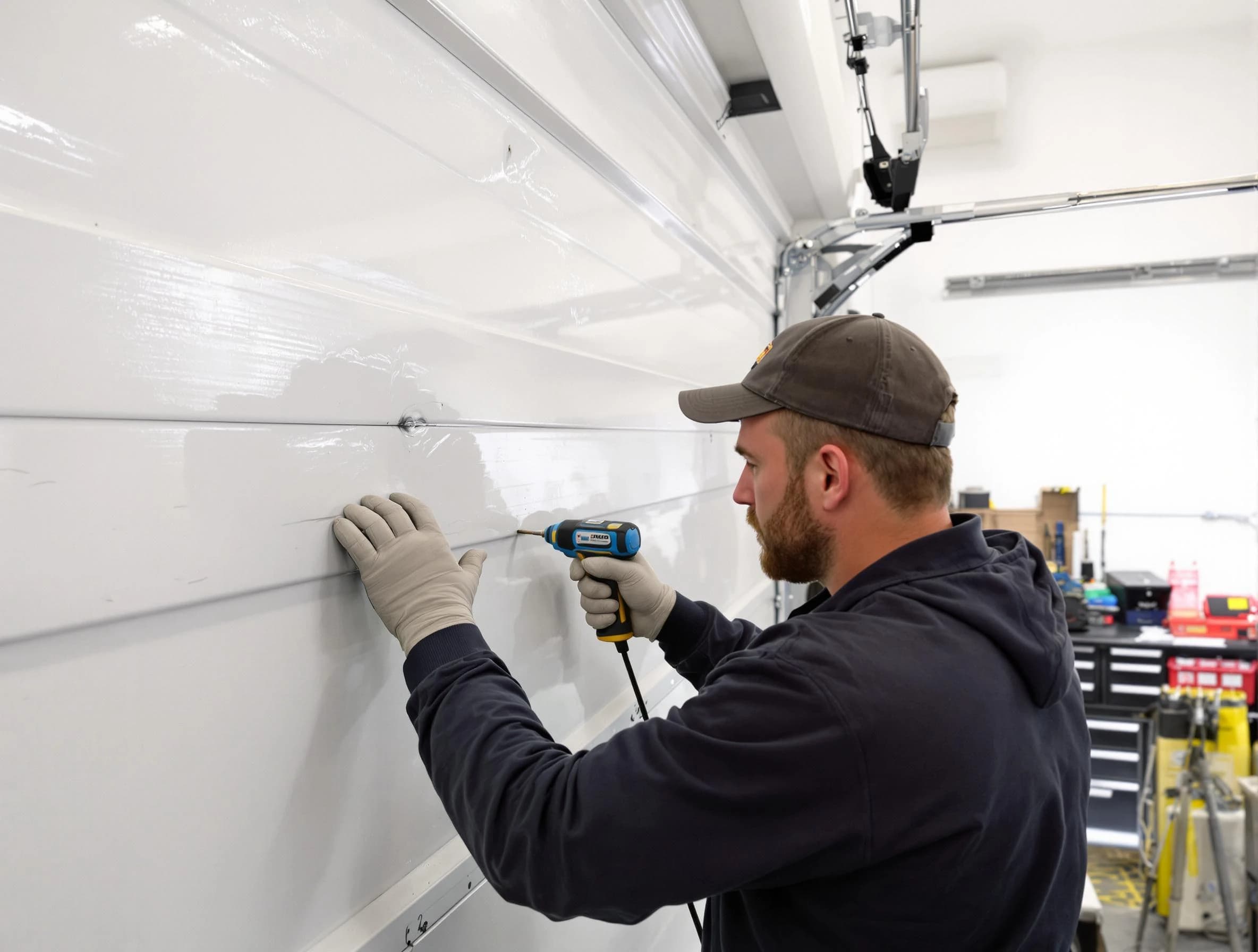 Somerville Garage Door Repair technician demonstrating precision dent removal techniques on a Somerville garage door