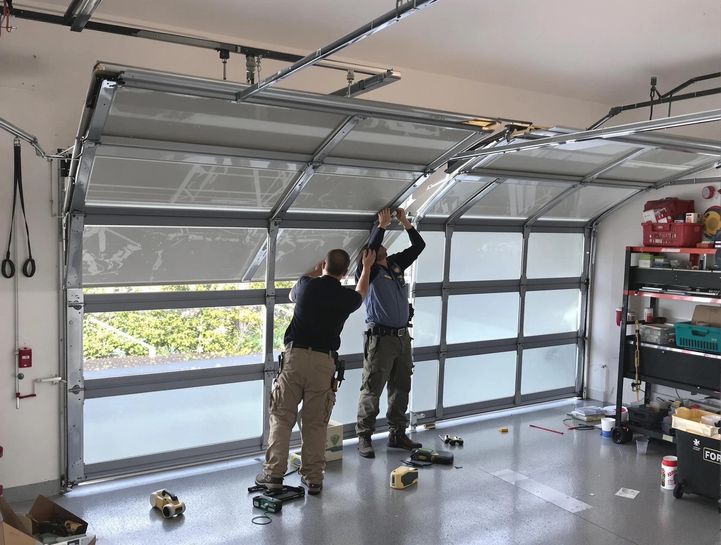 Somerville Garage Door Repair expert performing precise panel replacement on Somerville garage door